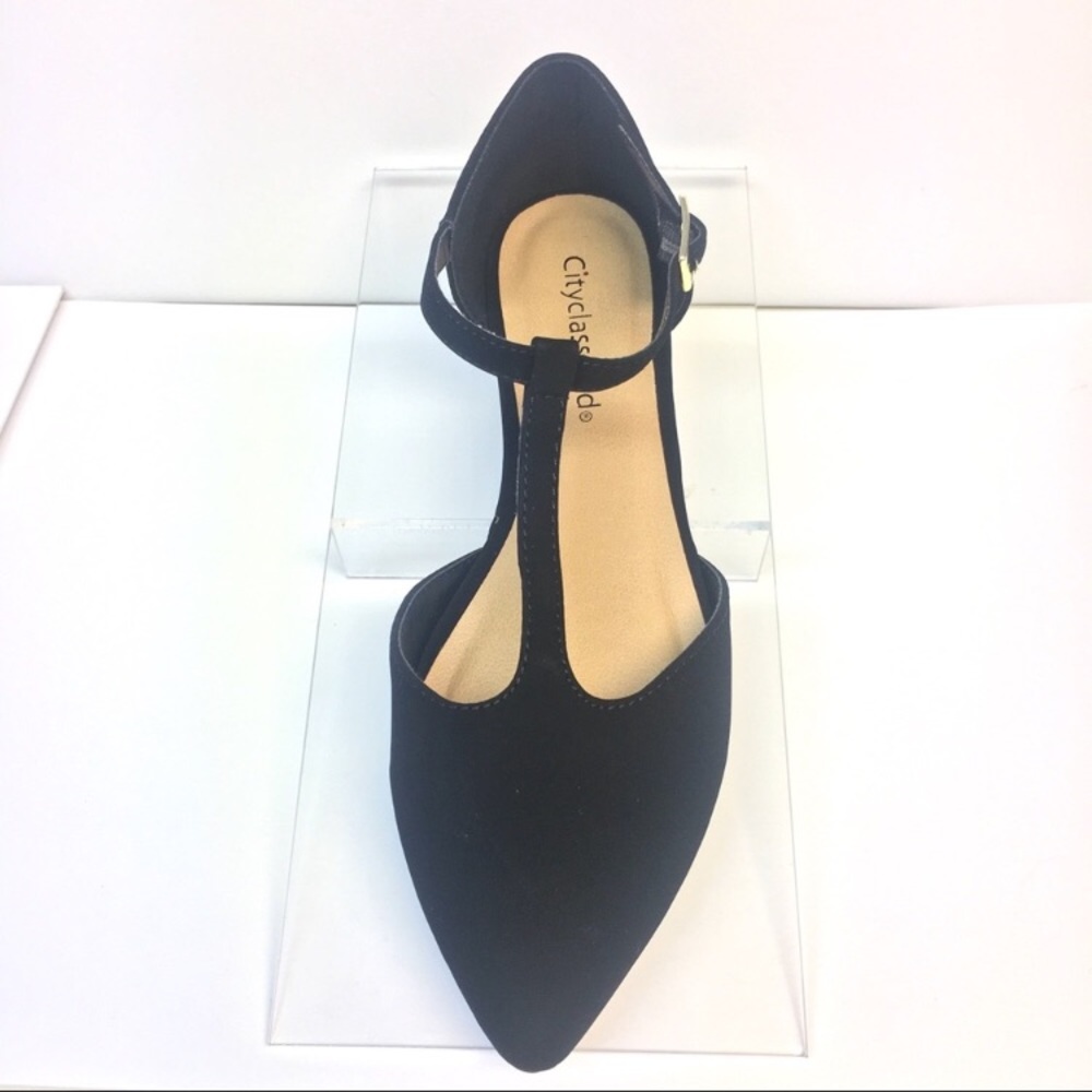 Last 2! Black T-Strap Flats Faux Suede Pointed Toe - Picture 3 of 8